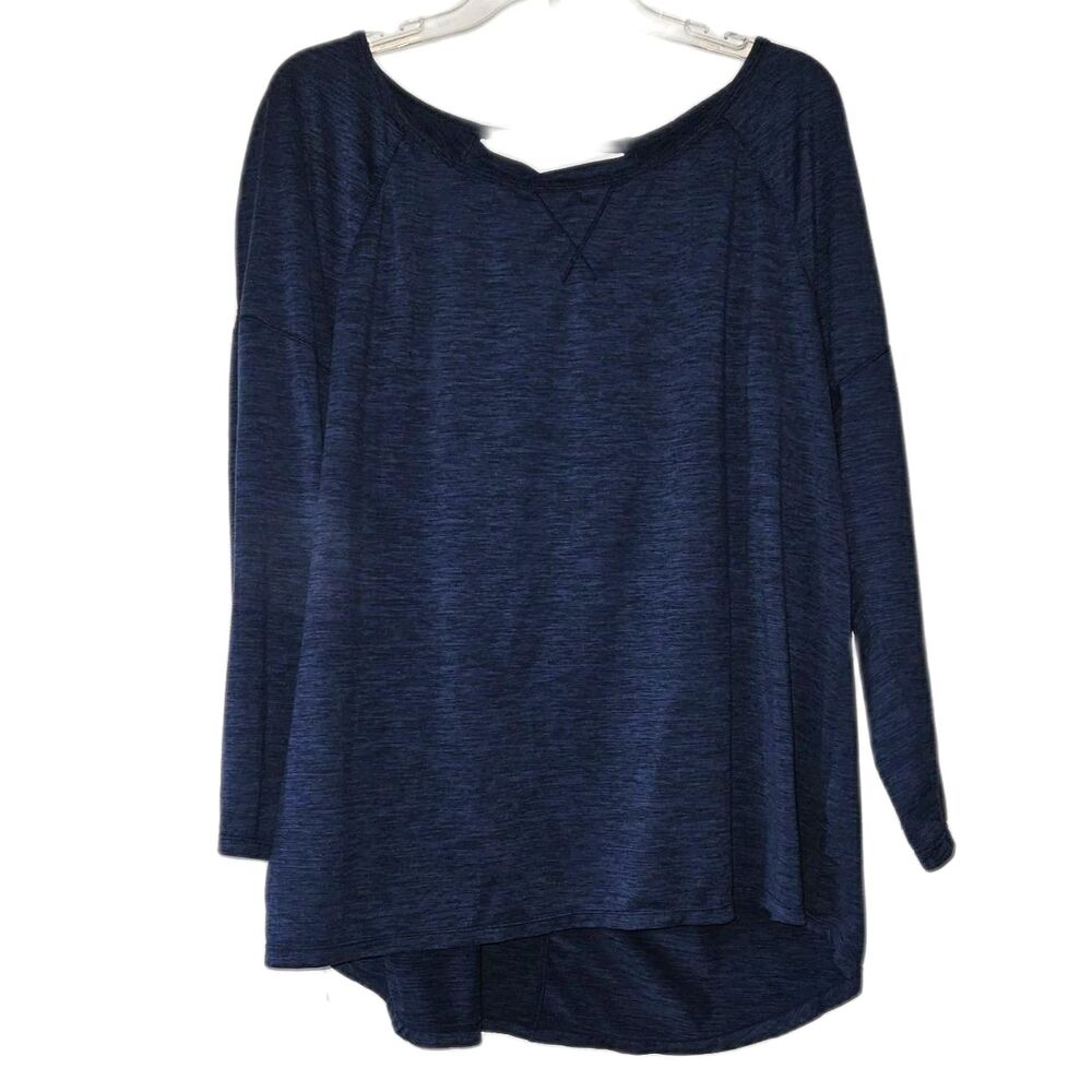 APANA Workout Shirt Dark Blue Long Sleeve Upper Back Criss Cross 1X EUC